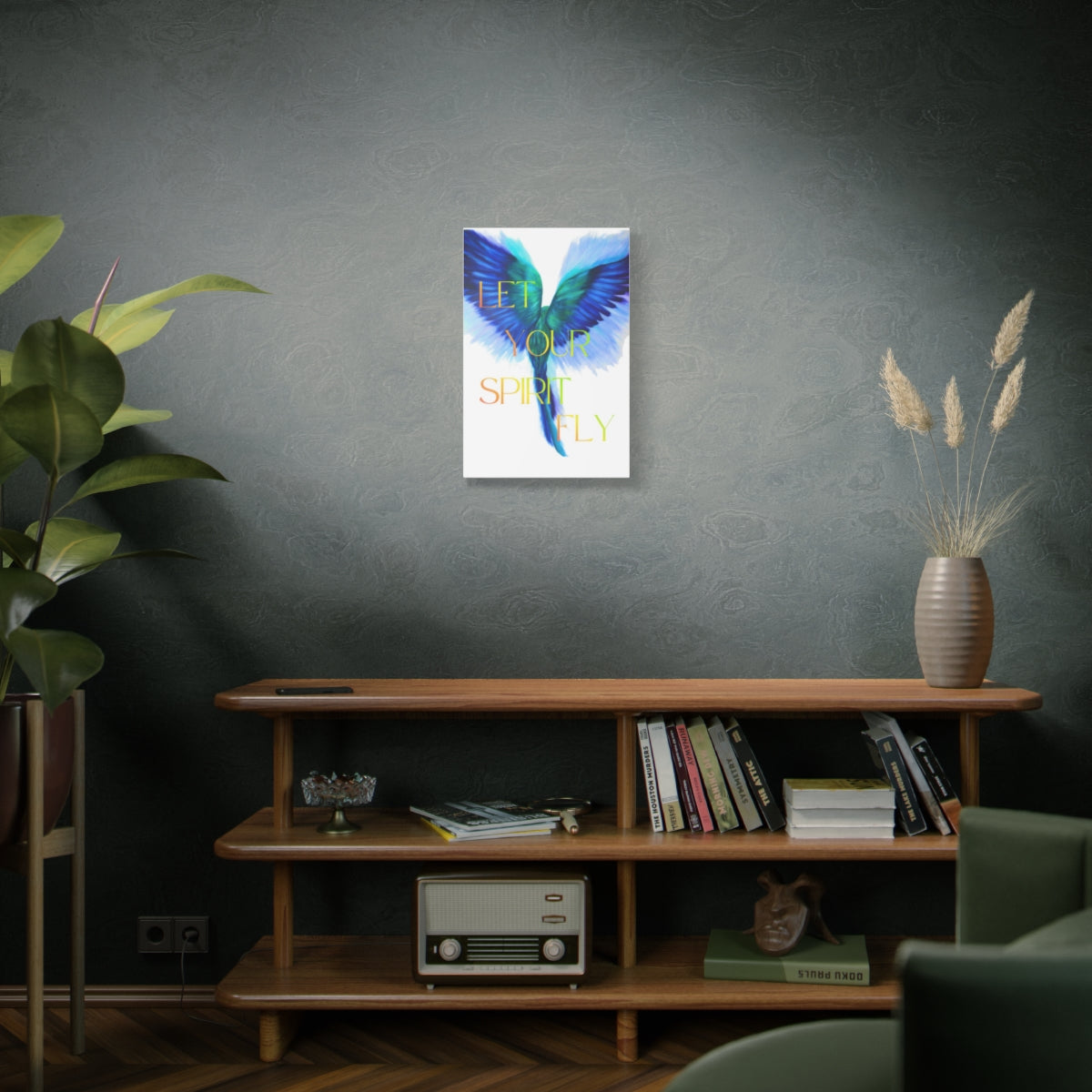 Let Your Spirit Fly Canvas Wall Art — Inspirational Feathered Wings Typography