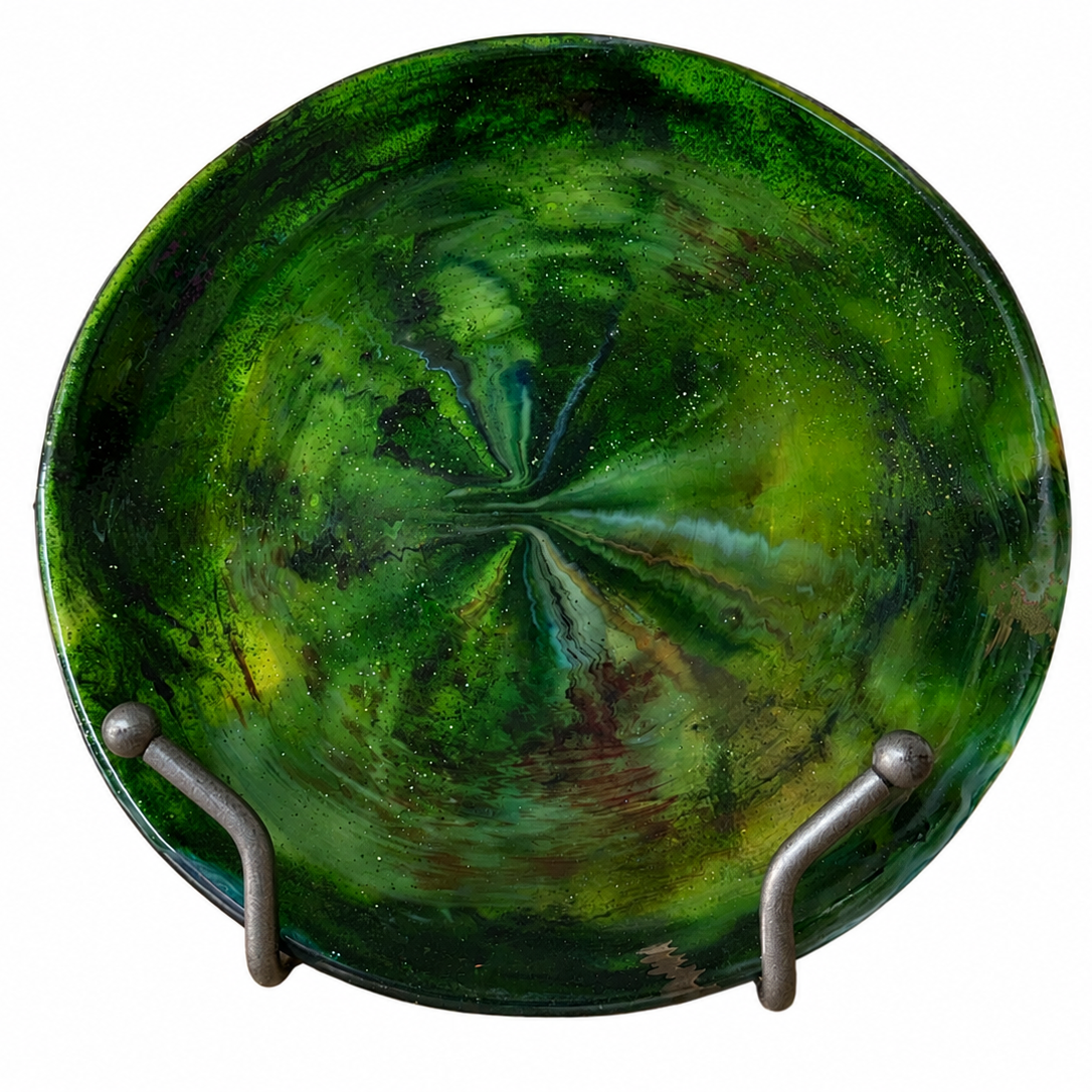 Fused glass platter - green flow